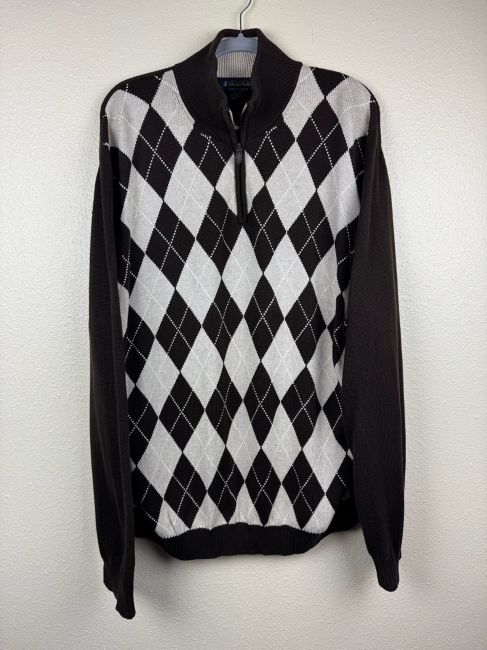 Brooks Brothers 100% Cotton Quarter Zip Argyle Sweater XXL Dark Brown